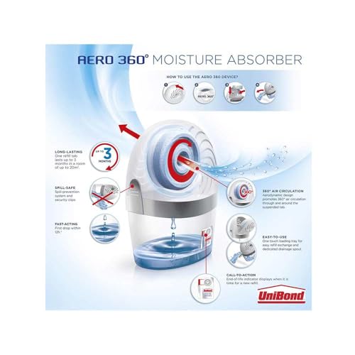 UniBond AERO 360º Moisture Absorber, Ultra-Absorbent Dehumidifier, Helps to Prevent Condensation, Mould & Musty Smells, Refillable Condensation Absorber, 1 Device incl. 1 Refill Tab 450 g