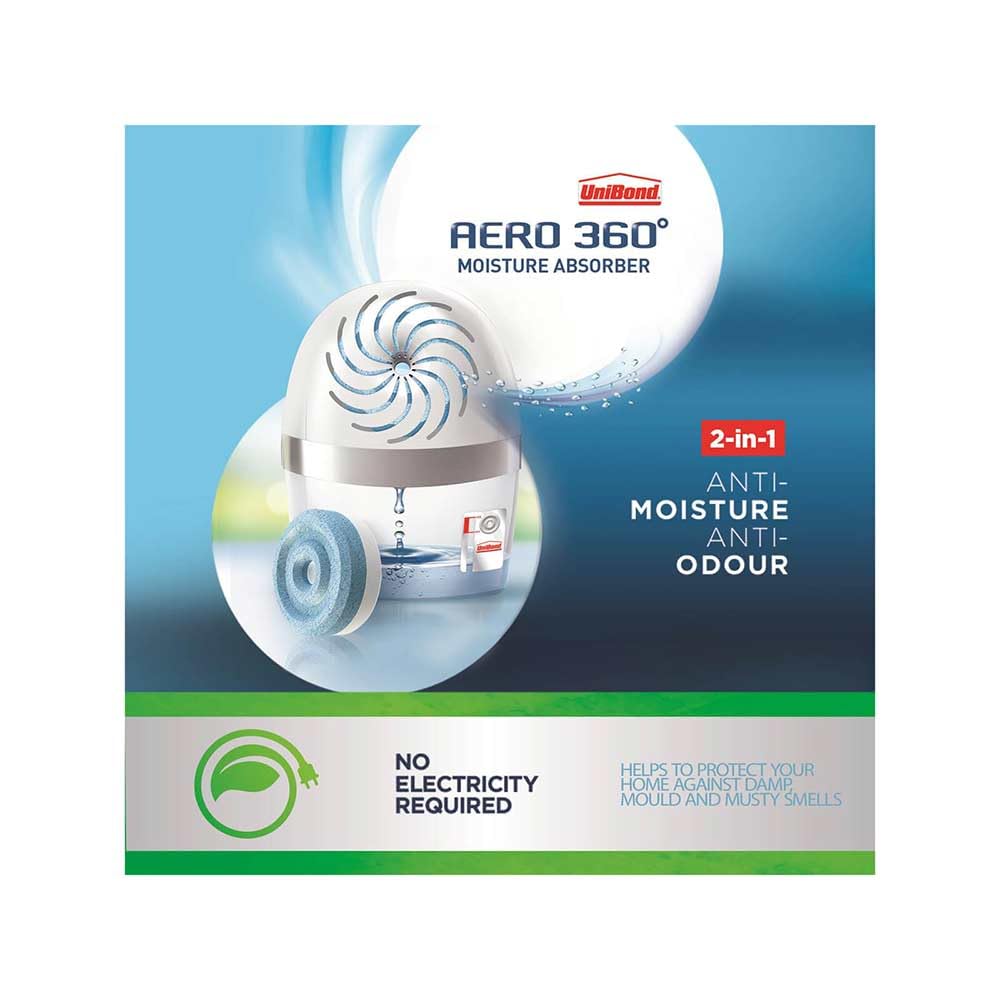 UniBond AERO 360º Moisture Absorber, Ultra-Absorbent Dehumidifier, Helps to Prevent Condensation, Mould & Musty Smells, Refillable Condensation Absorber, 1 Device incl. 1 Refill Tab 450 g