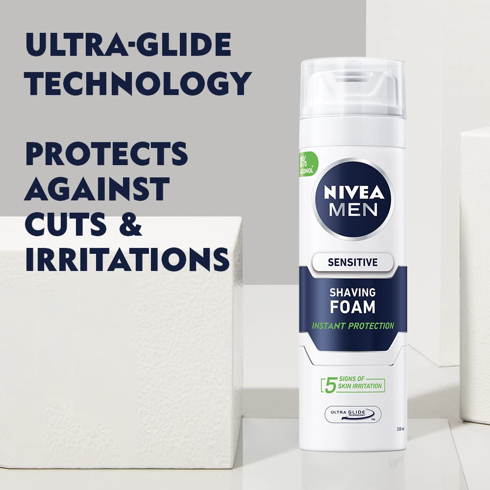 NIVEA MEN Sensitive Shaving Foam Pack of 6 (6 x 200ml) Sensitive Skin Shaving Foam, Shave Gel for Men, Shaving Gel for Irritated & Dry Skin with Witch Hazel