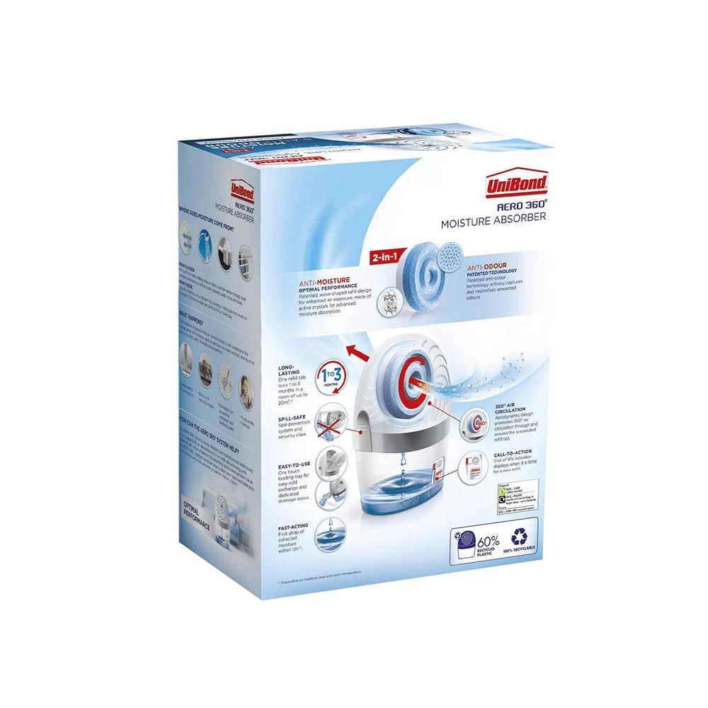 UniBond AERO 360º Moisture Absorber, Ultra-Absorbent Dehumidifier, Helps to Prevent Condensation, Mould & Musty Smells, Refillable Condensation Absorber, 1 Device incl. 1 Refill Tab 450 g
