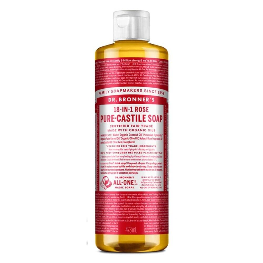 Dr Bronner's 18-in-1 Rose Pure Castole Liquid Soap, Made with Organic Oils, Used for Face, Body, Hair, Laundry, Pets and Dishes, Certified Fair Trade & Vegan Friendly, 473ml Recycled Bottle