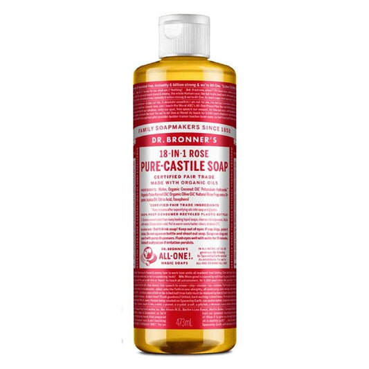 Dr Bronner's 18-in-1 Rose Pure Castole Liquid Soap, Made with Organic Oils, Used for Face, Body, Hair, Laundry, Pets and Dishes, Certified Fair Trade & Vegan Friendly, 473ml Recycled Bottle