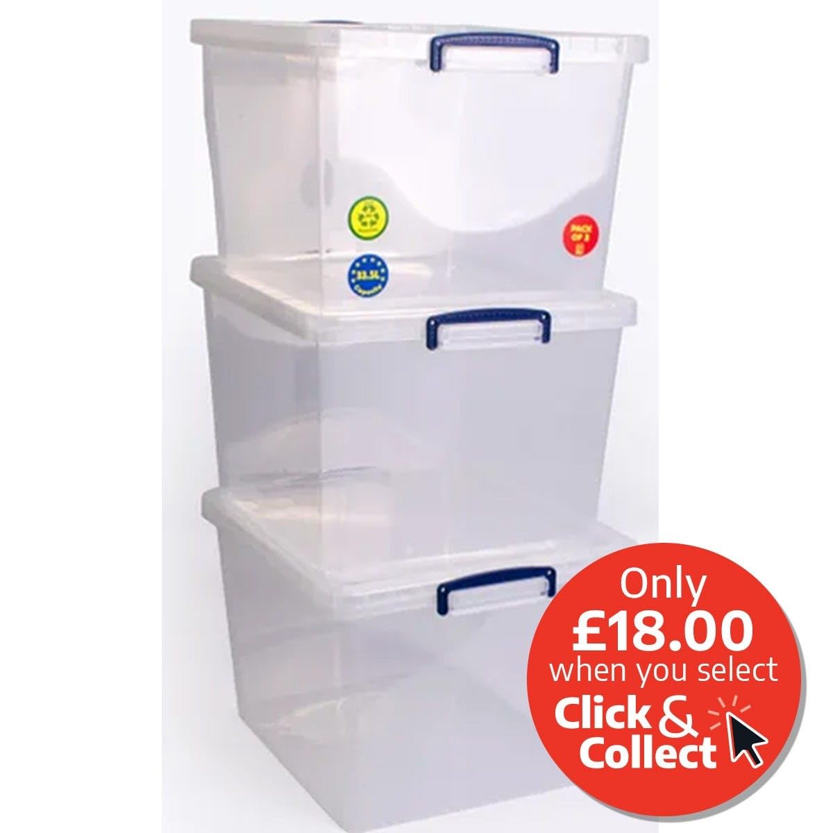 3 x , 33.5 litres, nestable box with lid, 380 mm x 460 mm x 285 mm, transparent