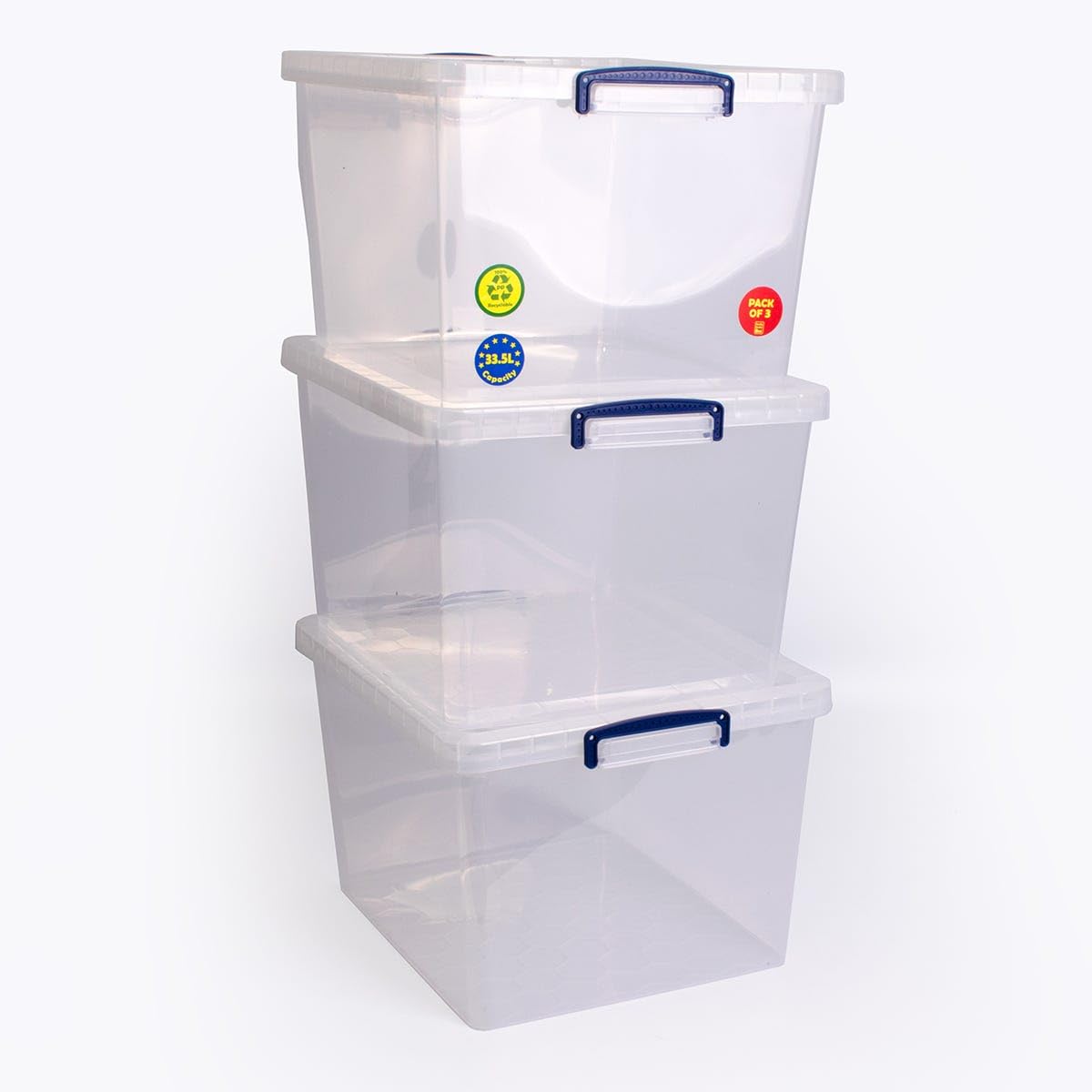 3 x , 33.5 litres, nestable box with lid, 380 mm x 460 mm x 285 mm, transparent