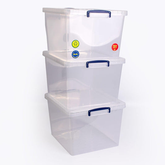 3 x , 33.5 litres, nestable box with lid, 380 mm x 460 mm x 285 mm, transparent
