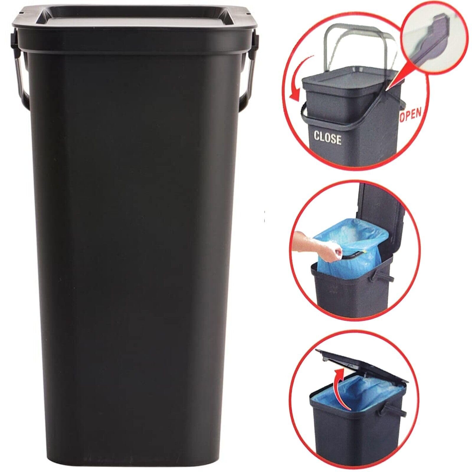 Moda Recycling Bin with Handle 40L Plastic Slim Kitchen Bin with Lift Top Lid & Locking Handle for Storage Recycled Rubbish Organiser Container Dustbin - Black