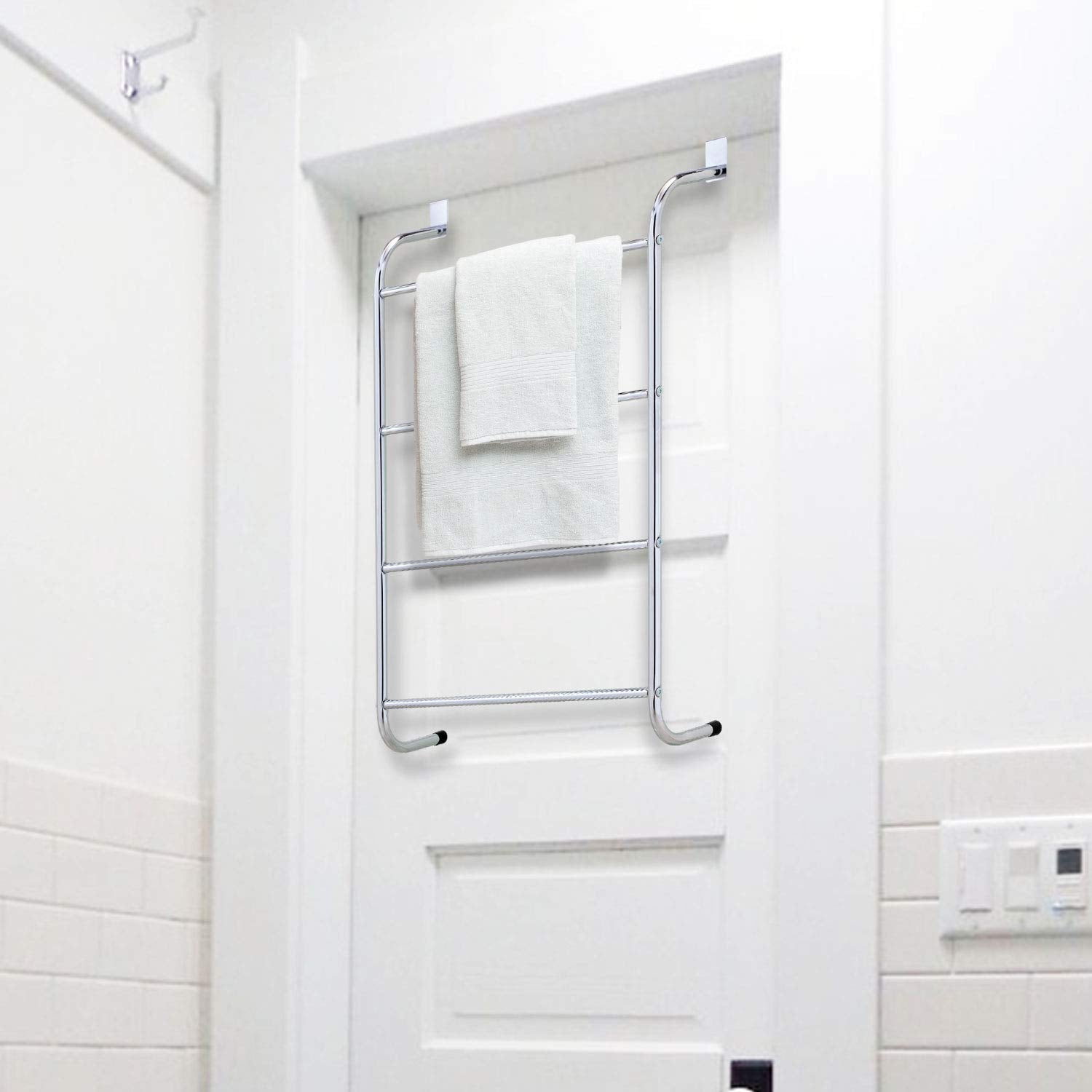 Taylor & Brown 4 Tier Chrome Over Door Clothes Airer Towel Rail Rack Hanger Bar Holder Bathroom Bath Towels Storage Organiser - W46.5cm x D16cm x H72.5cm