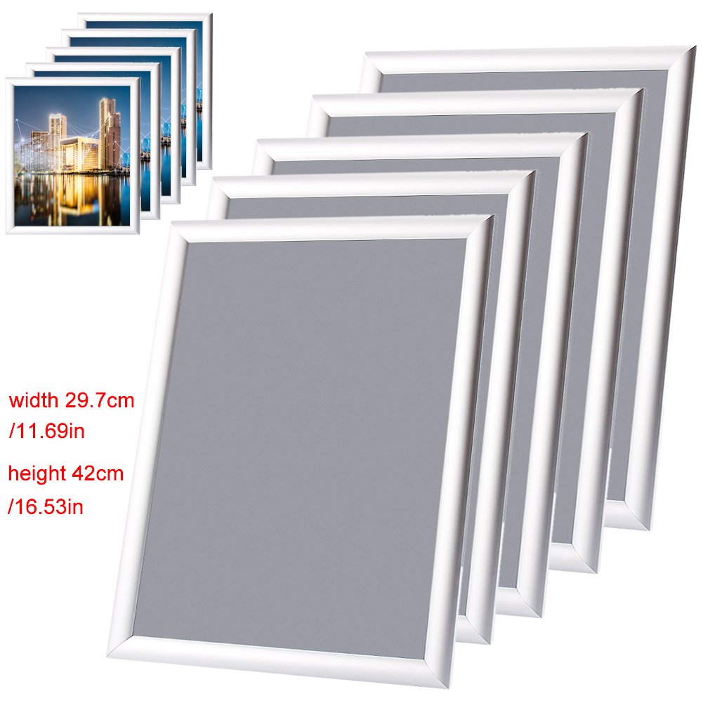 Snap Poster Frame, 5x A4 Waterproof Aluminium Poster Silver Snap Frame Clip Frame Picture Photo Holder for Home and Office