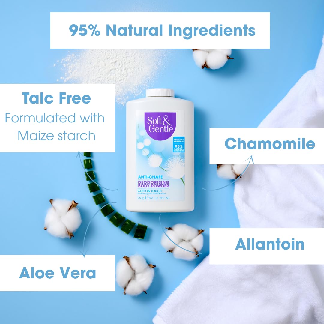 SOFT & GENTLE Fresh Cotton Talc Free Cotton Body Powder 250g, Deodorising Personal Hygiene Against Moisture, Friction and Odour, Prevent Smudging After Self-Tanning and Facial Makeup