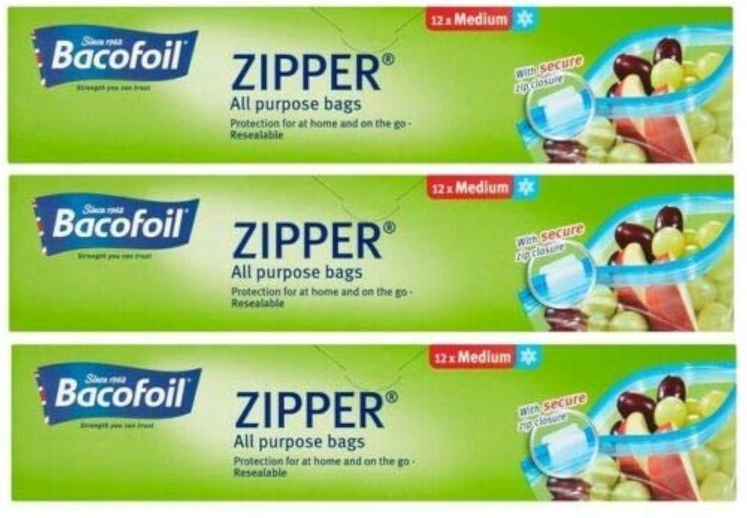 Bacofoil 3 x Zipper Medium All Purpose Bags Food Freezing Storage Bags (total 36 bags)
