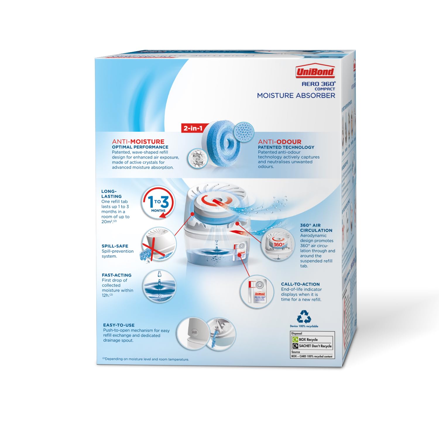 UniBond AERO 360° Humidity Absorber with 1x Refill, Dehumidifier for Effective Air Circulation, Humidity Controller Reduces Excess Moisture, 1 Device incl. 1 refill tab 450g