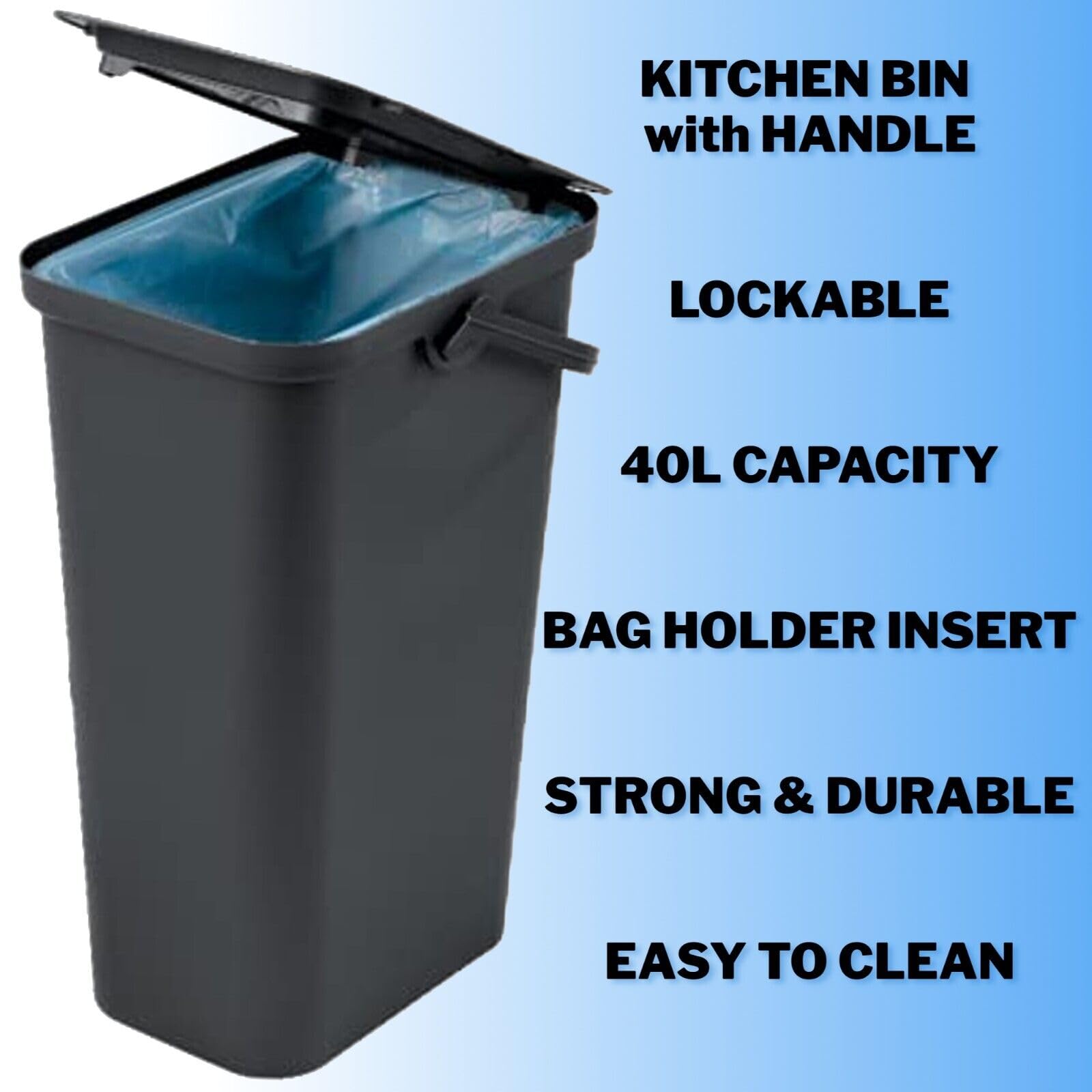 Moda Recycling Bin with Handle 40L Plastic Slim Kitchen Bin with Lift Top Lid & Locking Handle for Storage Recycled Rubbish Organiser Container Dustbin - Black