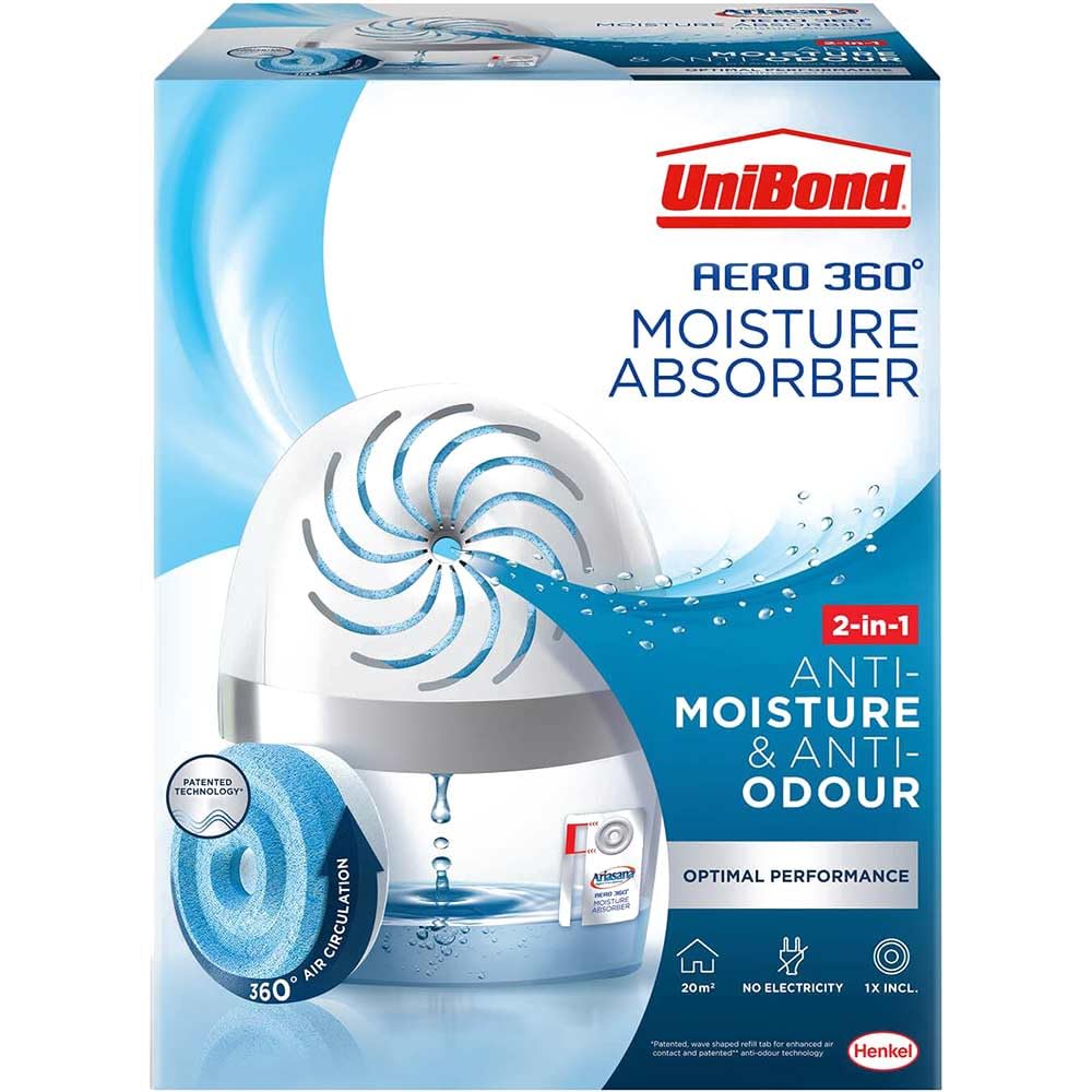 UniBond AERO 360º Moisture Absorber, Ultra-Absorbent Dehumidifier, Helps to Prevent Condensation, Mould & Musty Smells, Refillable Condensation Absorber, 1 Device incl. 1 Refill Tab 450 g