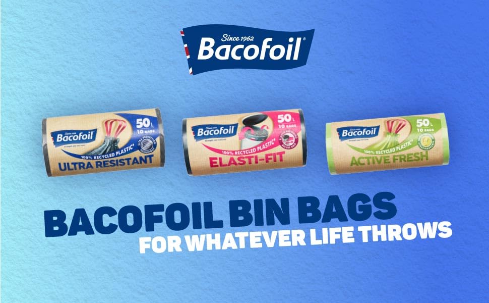 Bacofoil Elasti-Fit Bin Liners - 50L Recycled bin bags, 3 Rolls (30 Bags) - Leak-Proof, Elastic Fastening for Secure Fit - Made from 100% Recycled Plastic - Eco-Friendly Waste Disposal.