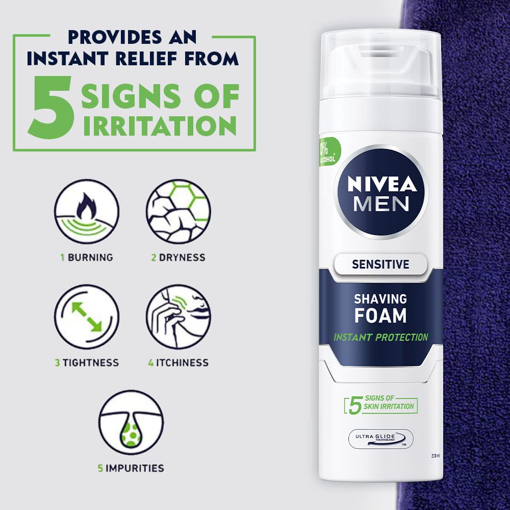 NIVEA MEN Sensitive Shaving Foam Pack of 6 (6 x 200ml) Sensitive Skin Shaving Foam, Shave Gel for Men, Shaving Gel for Irritated & Dry Skin with Witch Hazel