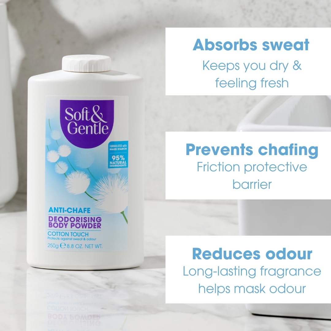 SOFT & GENTLE Fresh Cotton Talc Free Cotton Body Powder 250g, Deodorising Personal Hygiene Against Moisture, Friction and Odour, Prevent Smudging After Self-Tanning and Facial Makeup