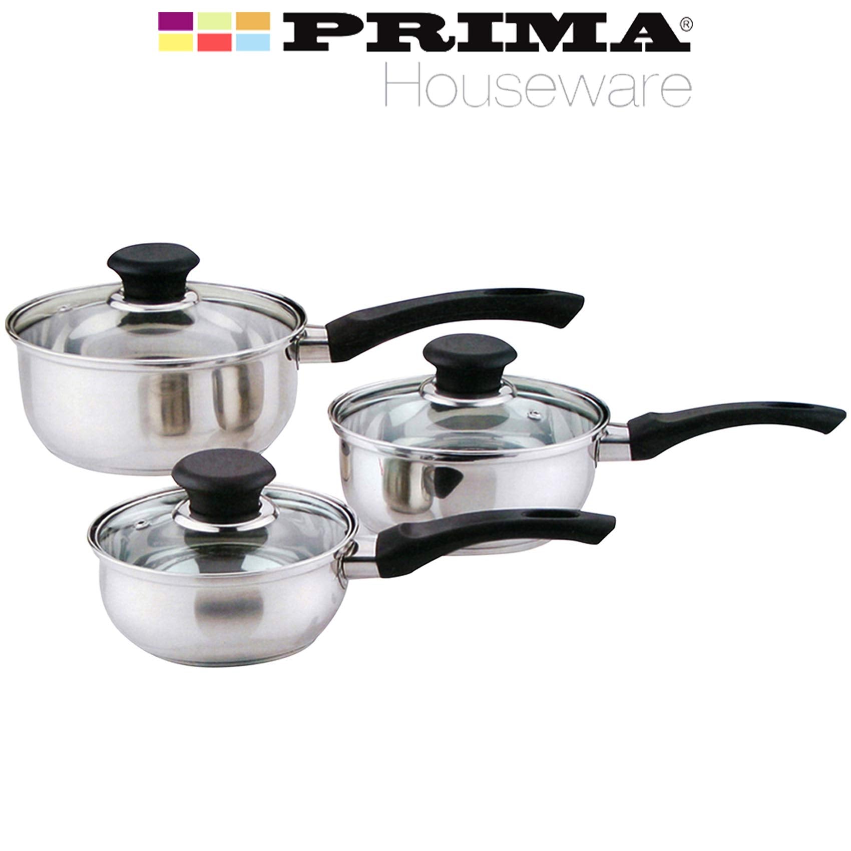 6 Pcs Stainless Steel Saucepan Essential Cookware Set with Glass Lids & Sturdy Handles Pot Prima Kitchen Cook Home Chef Cooking Sauce Pan Housewarming Gifts UK Free P&P, Silver