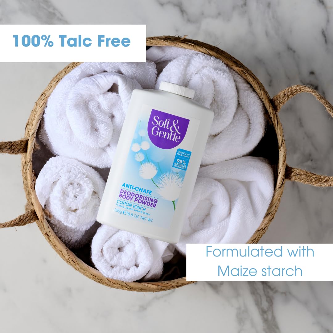 SOFT & GENTLE Fresh Cotton Talc Free Cotton Body Powder 250g, Deodorising Personal Hygiene Against Moisture, Friction and Odour, Prevent Smudging After Self-Tanning and Facial Makeup