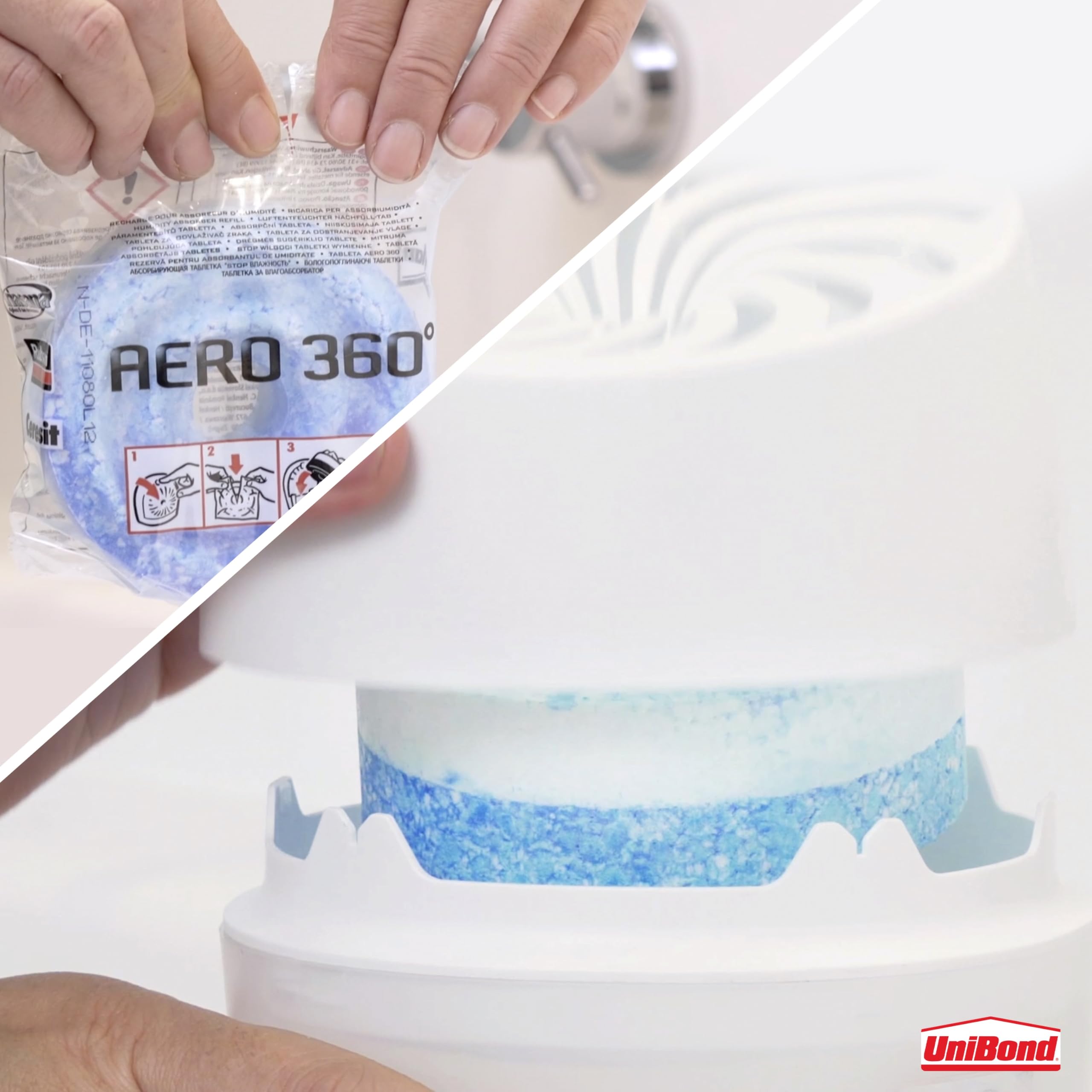 UniBond AERO 360° Humidity Absorber with 1x Refill, Dehumidifier for Effective Air Circulation, Humidity Controller Reduces Excess Moisture, 1 Device incl. 1 refill tab 450g