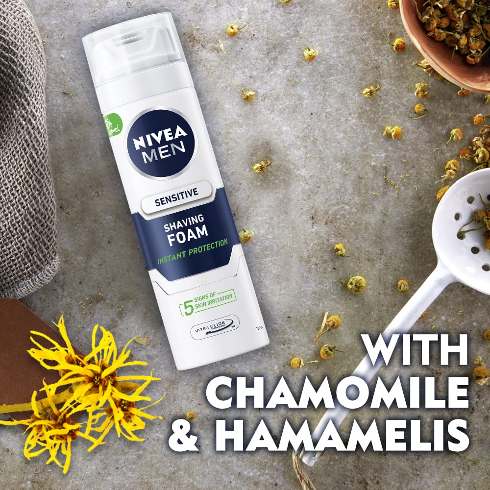 NIVEA MEN Sensitive Shaving Foam Pack of 6 (6 x 200ml) Sensitive Skin Shaving Foam, Shave Gel for Men, Shaving Gel for Irritated & Dry Skin with Witch Hazel