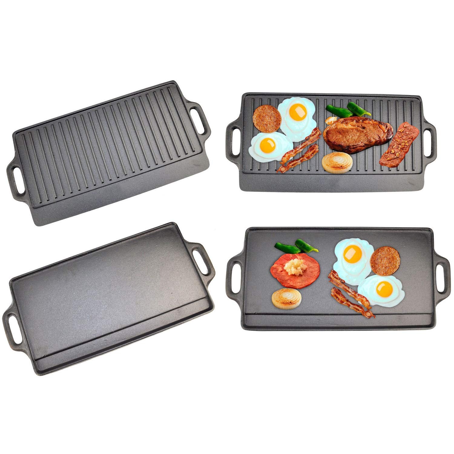 Taylor & Brown X-Large Non-Stick Cast Iron Reversible Griddle Plate Pan Double Sided for BBQ & Hob Cooking with Non-Stick Ridged and Flat Surfaces and Drip Tray, 50 x 23cm