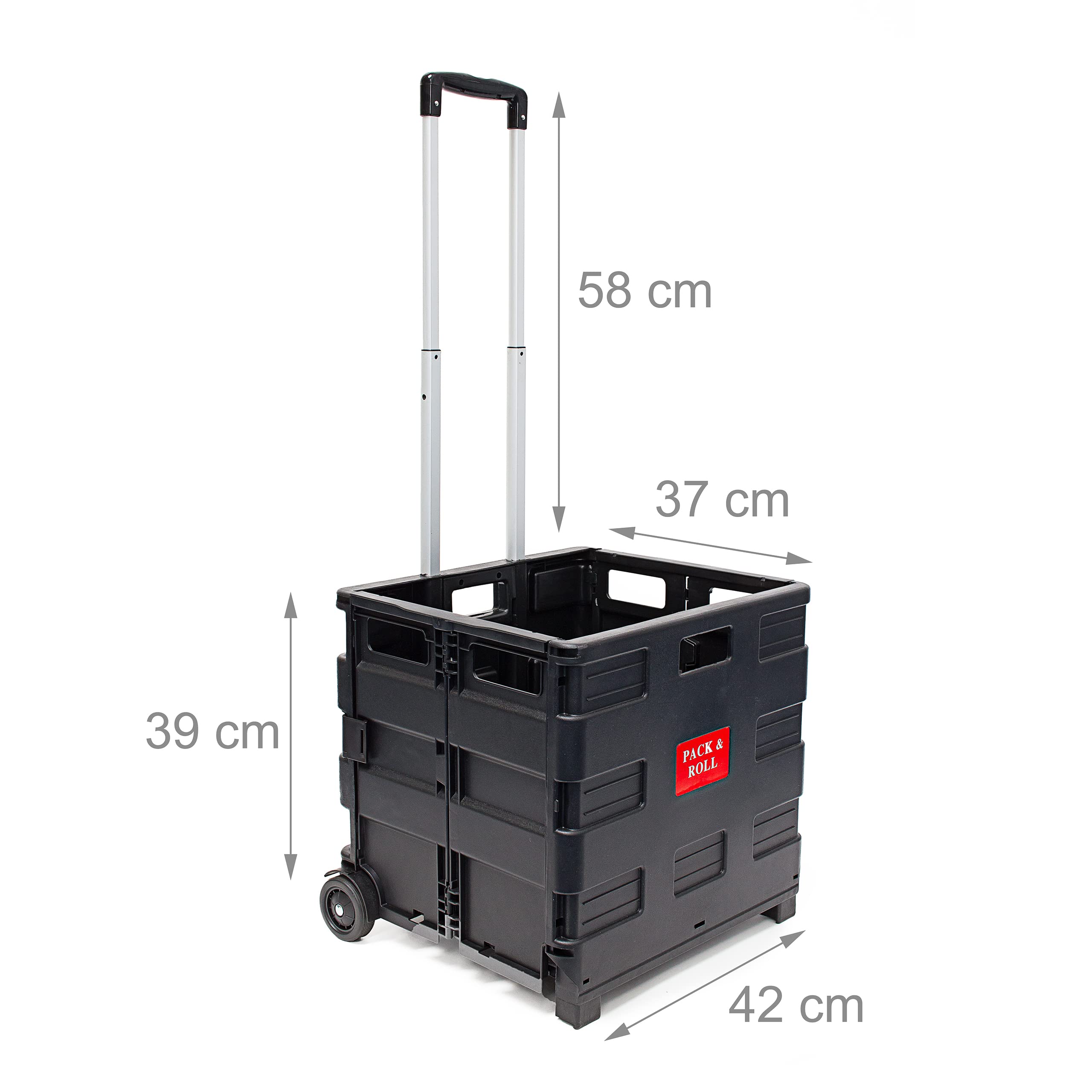 Relaxdays Heavy Duty Foldable Shopping Trolley, 35 kg, Wheeled Crate, 39 x 42 x 37 cm, Aluminium and Plastic, Black, 39 x 37 x 42 cm