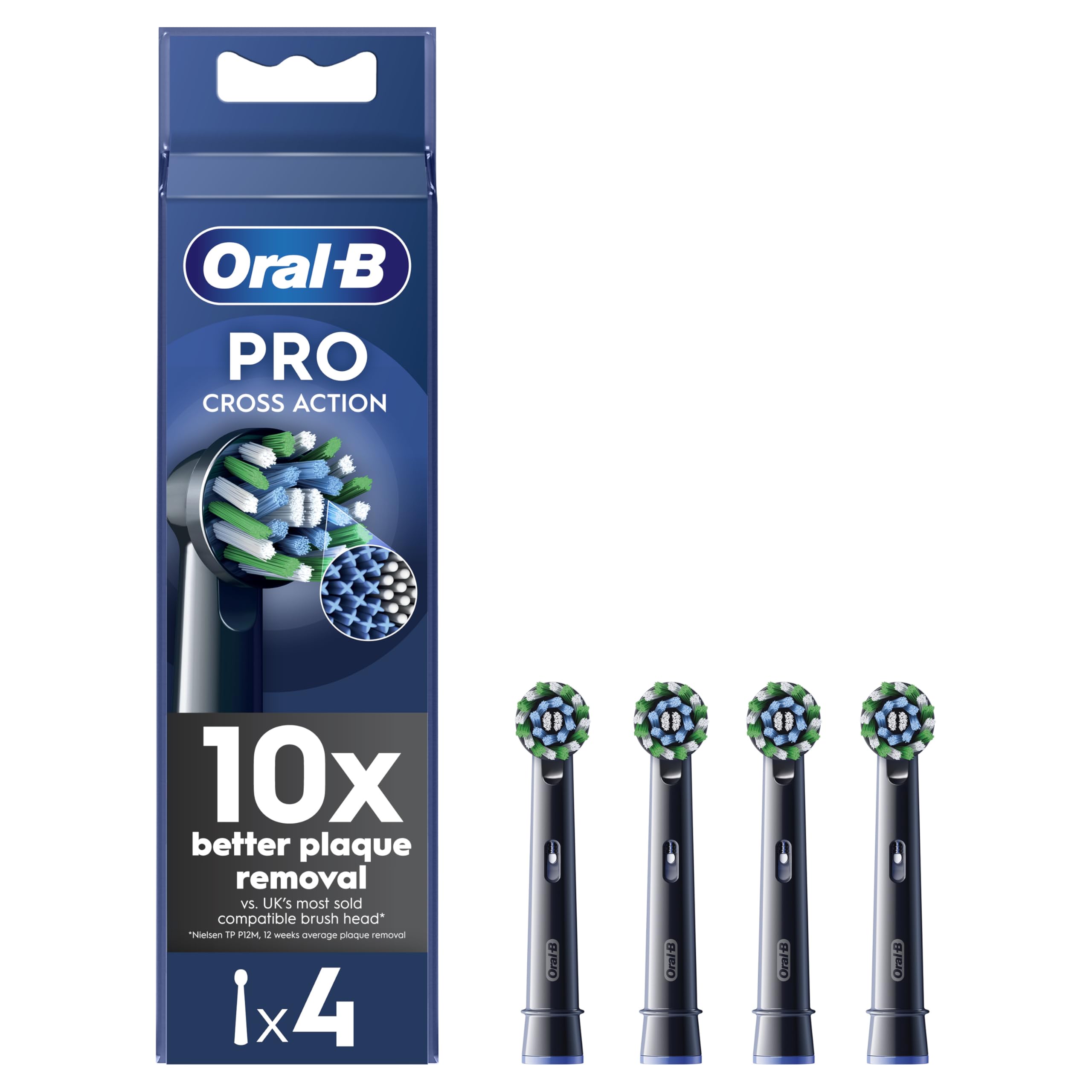 Oral-B Pro Cross Action Electric Toothbrush Head, Electric Toothbrush Heads, X-Shape and Angled Bristles for Deeper Plaque Removal, Pack of 4 Toothbrush Heads, Black, Replacement Heads