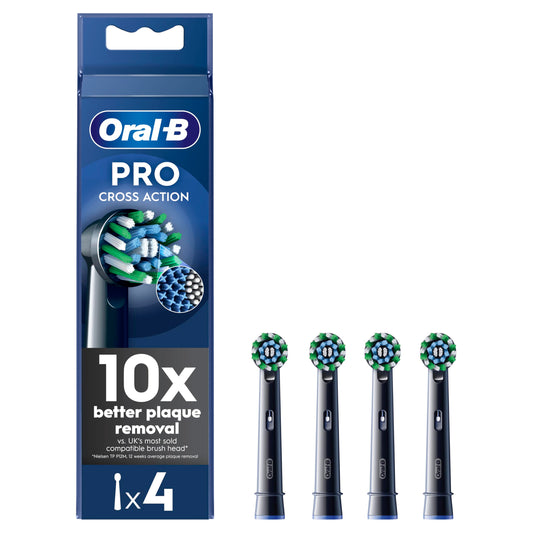 Oral-B Pro Cross Action Electric Toothbrush Head, Electric Toothbrush Heads, X-Shape and Angled Bristles for Deeper Plaque Removal, Pack of 4 Toothbrush Heads, Black, Replacement Heads