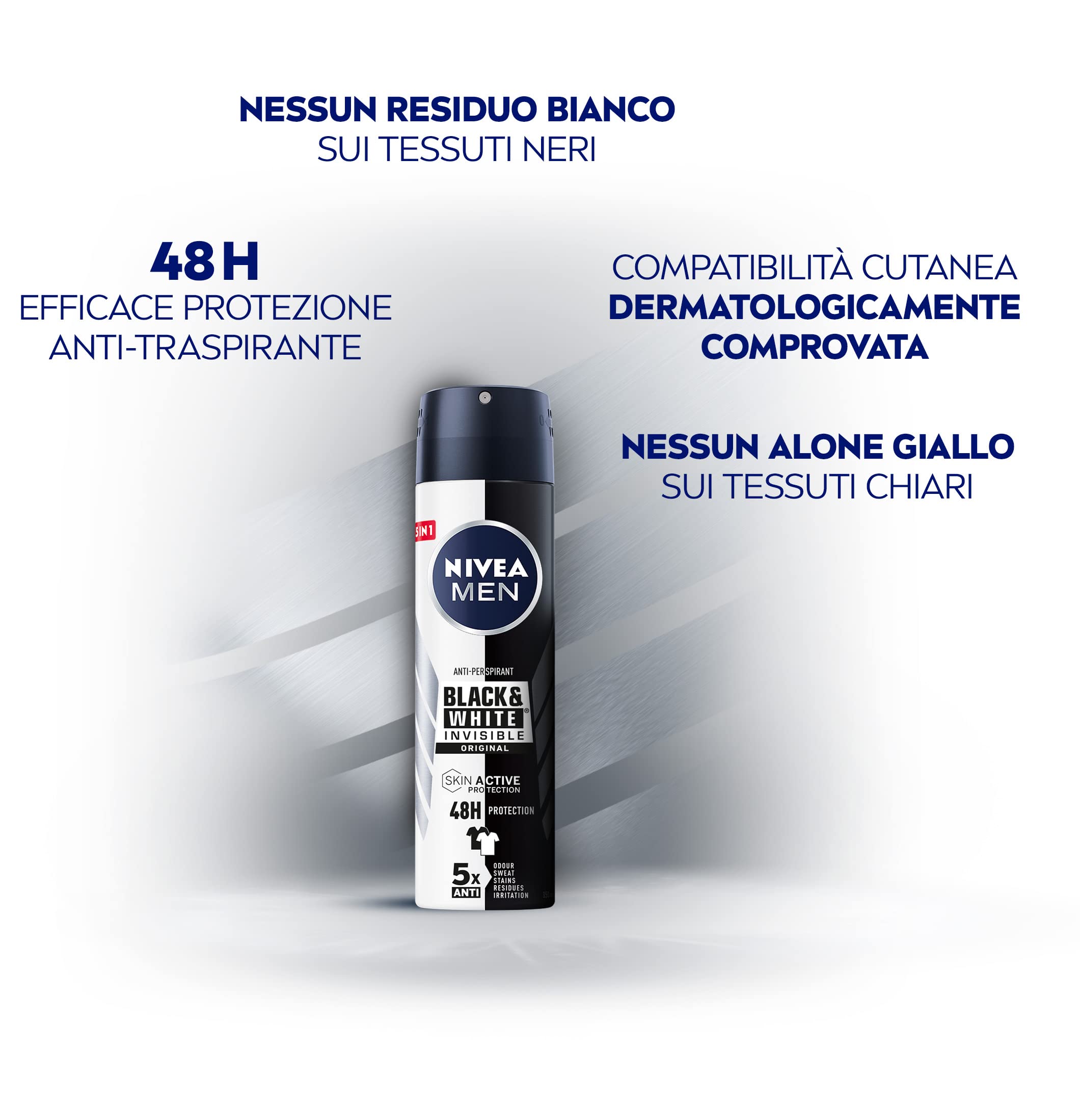 NIVEA Men Black & White Invisible Original Spray 6 x 150 ml, Men's Deodorant 72h, Deodorant Antiperspirant Spray Against Odours, Sweat, Residues, Irritations and Stains on Light and Dark Fabrics