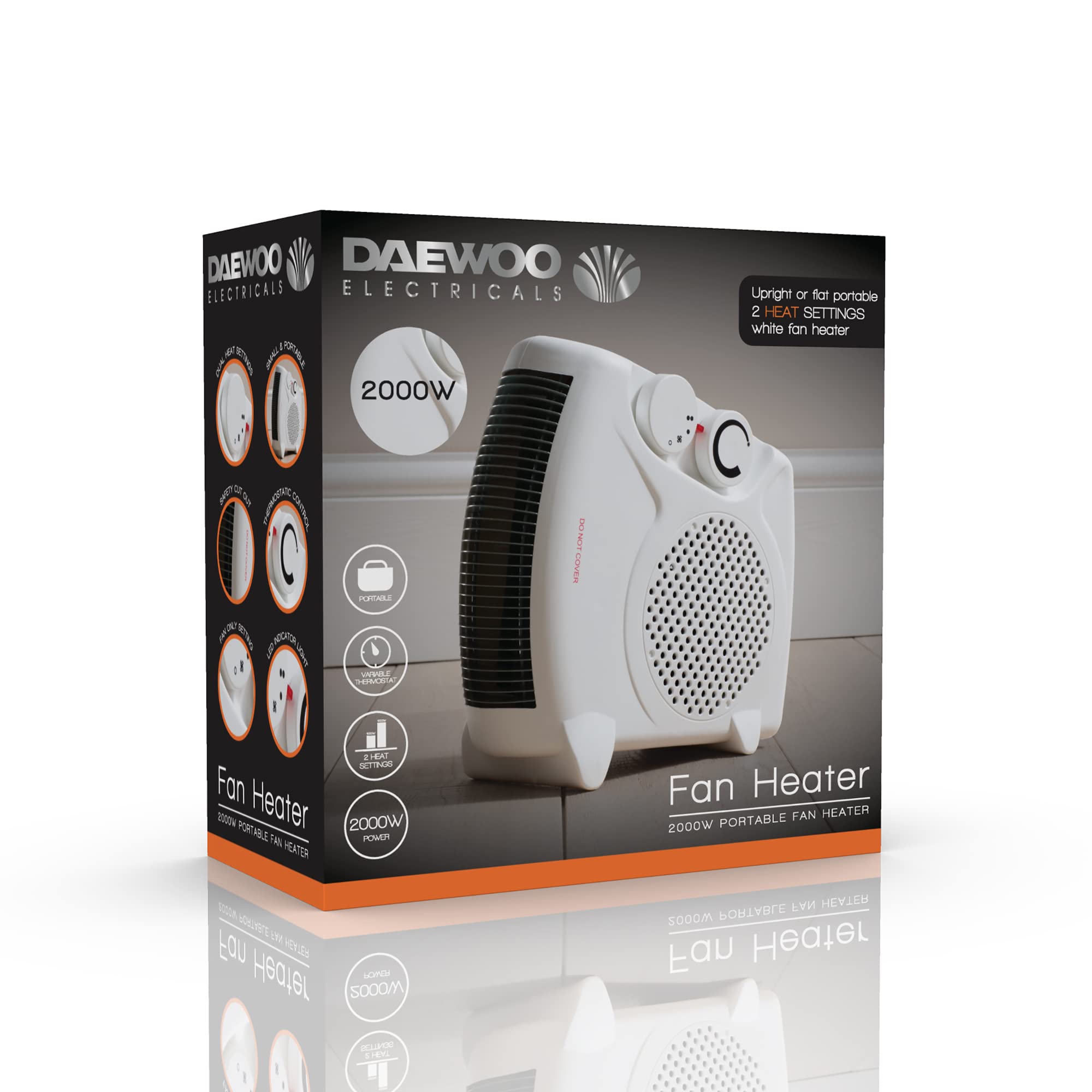 Electric Fan Heater Upright and Flat Portable Heater With Carry Handle Safety Cut-Out Feature Adjustable Control & Fan Only Setting 2000W - White