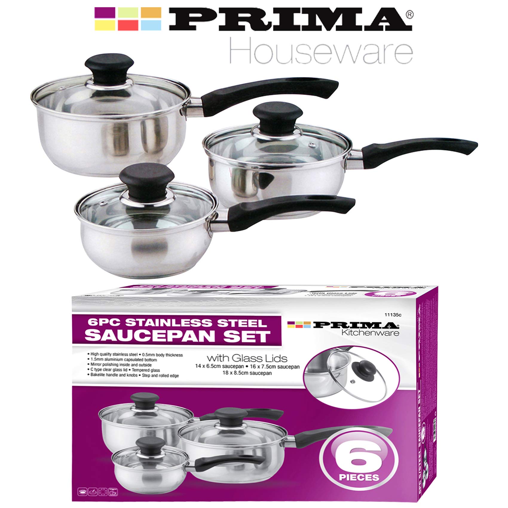 6 Pcs Stainless Steel Saucepan Essential Cookware Set with Glass Lids & Sturdy Handles Pot Prima Kitchen Cook Home Chef Cooking Sauce Pan Housewarming Gifts UK Free P&P, Silver