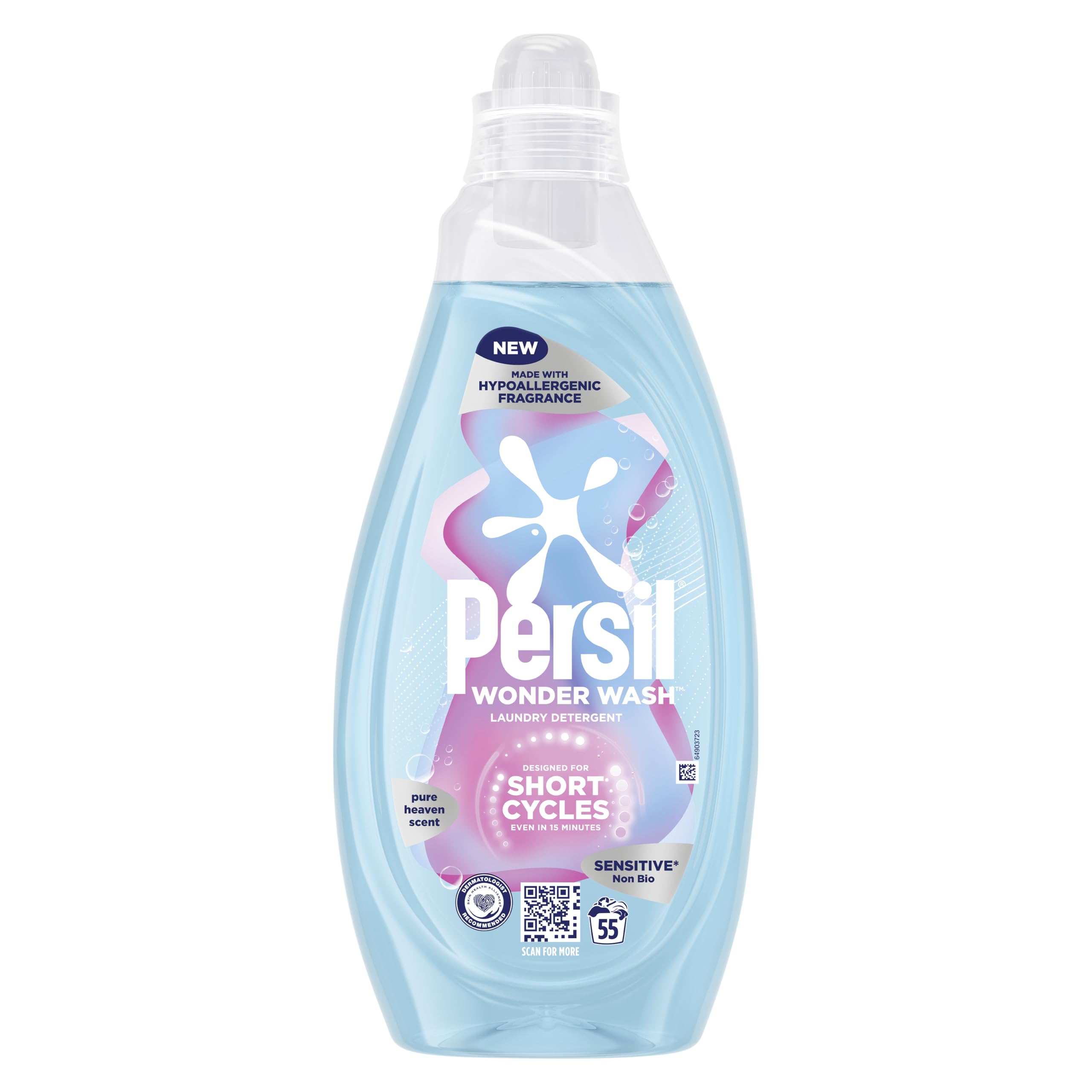 Persil Wonder Wash Sensitive* Non Bio Liquid Detergent Laundry Detergent Featuring a Hypoallergenic Fragrance Fast-Acting Formulation with a Pure Heaven Scent 55 washes (1.485 L)
