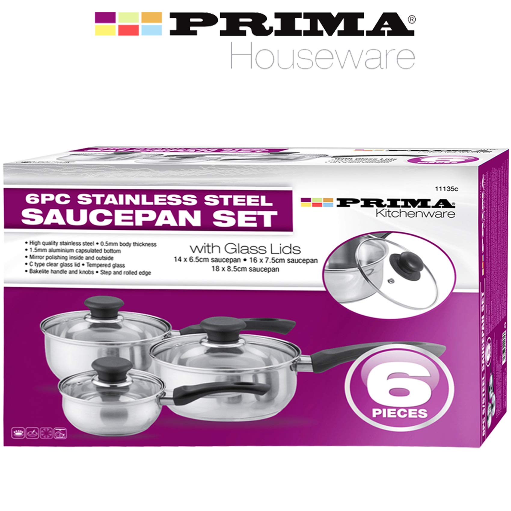 6 Pcs Stainless Steel Saucepan Essential Cookware Set with Glass Lids & Sturdy Handles Pot Prima Kitchen Cook Home Chef Cooking Sauce Pan Housewarming Gifts UK Free P&P, Silver
