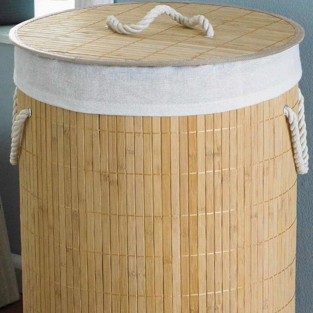 COUNTRY CLUB Round Bamboo Laundry Hamper Basket Clothes Storage Organizer with Lid, Natural, 35 x 35 x 50cm