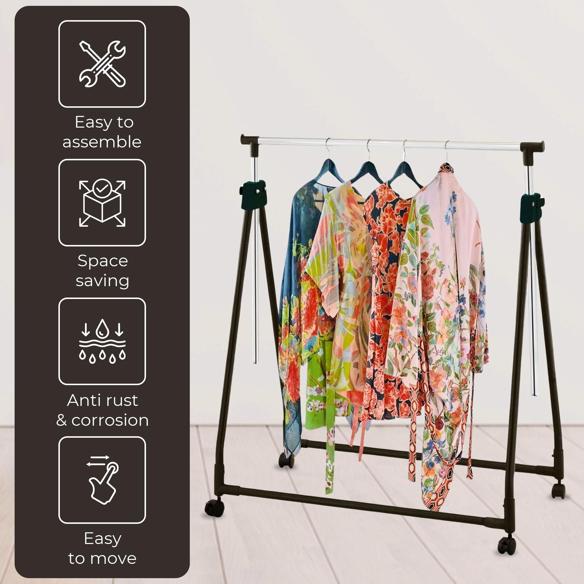 Taylor & Brown Chrome Metal Rail Rack - Adjustable Height Portable Garment Rack on Castor Rolling Wheels - Superior Foldable Storage Display Stand - Clothing Hanging Clothes Rails Rack for Bedroom