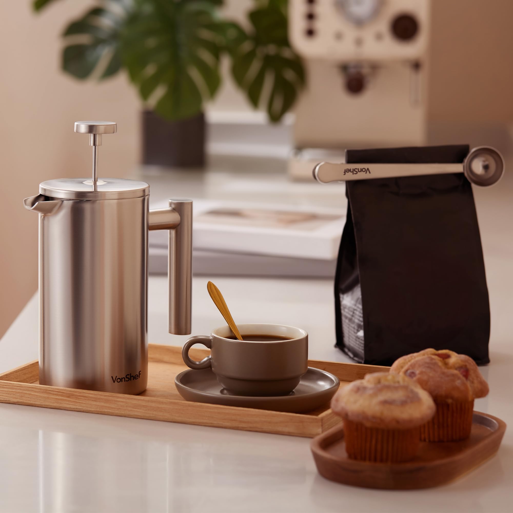 VonShef 6 Cup Cafetiere, Stainless Steel 800ml Double Walled French Press with Measuring Spoon/Bag Seal, Dishwasher Safe Filter Coffee Maker with Plunger