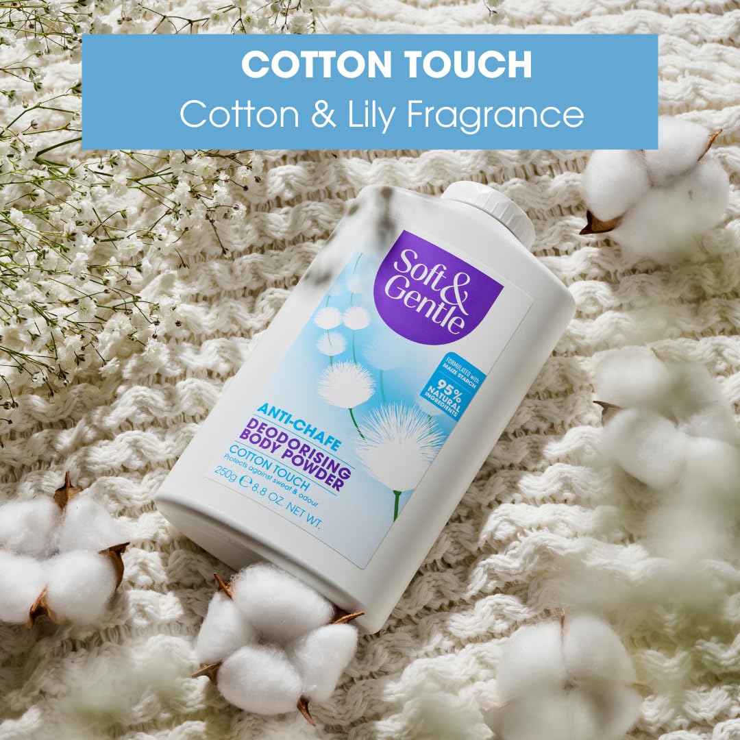 SOFT & GENTLE Fresh Cotton Talc Free Cotton Body Powder 250g, Deodorising Personal Hygiene Against Moisture, Friction and Odour, Prevent Smudging After Self-Tanning and Facial Makeup