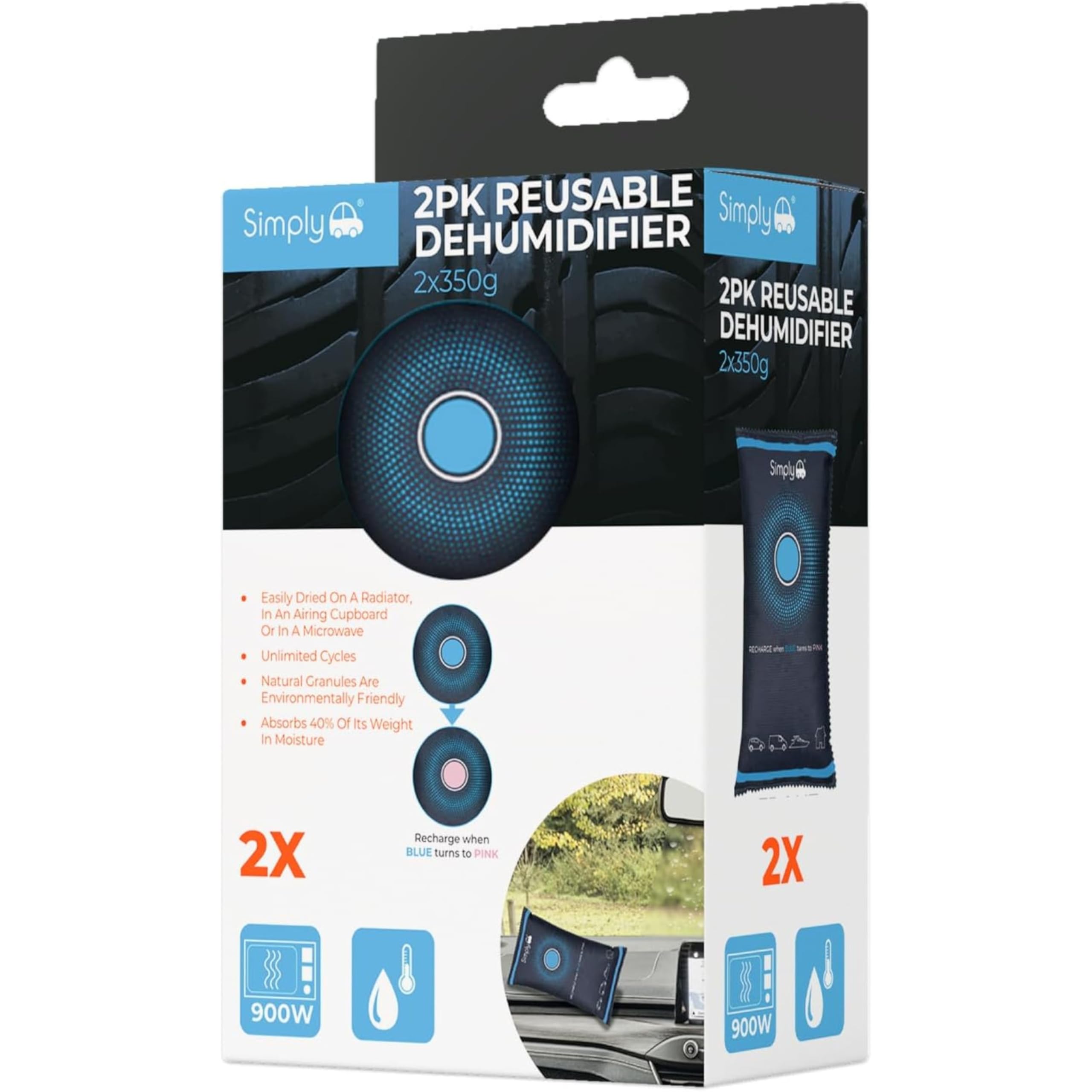 Auto DEH004 2 Pack Reusable Car Dehumidifier - Quick Drying suitable for Microwaving, Strong Absorption up to 40% of Weight in moisture, Eco-Friendly Granules, Unlimited Cycles (350g)