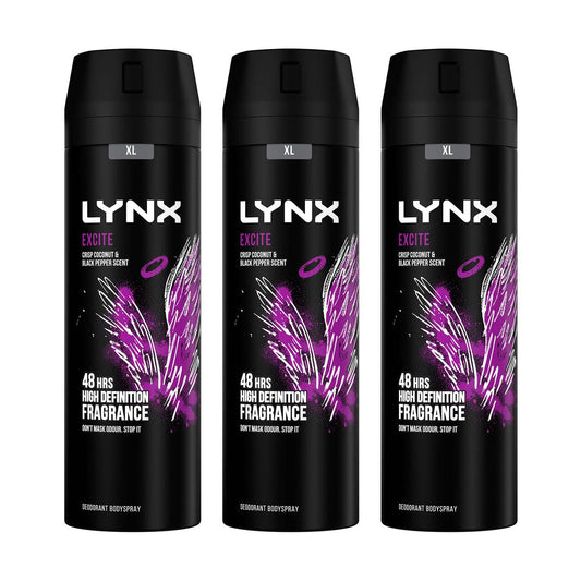 Lynx XL Body Spray 48-Hours High Definition Men's Fragrance Protect from Sweat and Odour with the Unique Scent Masculine Deodorant Spray for Men, 200ml (Excite, Buy 3)