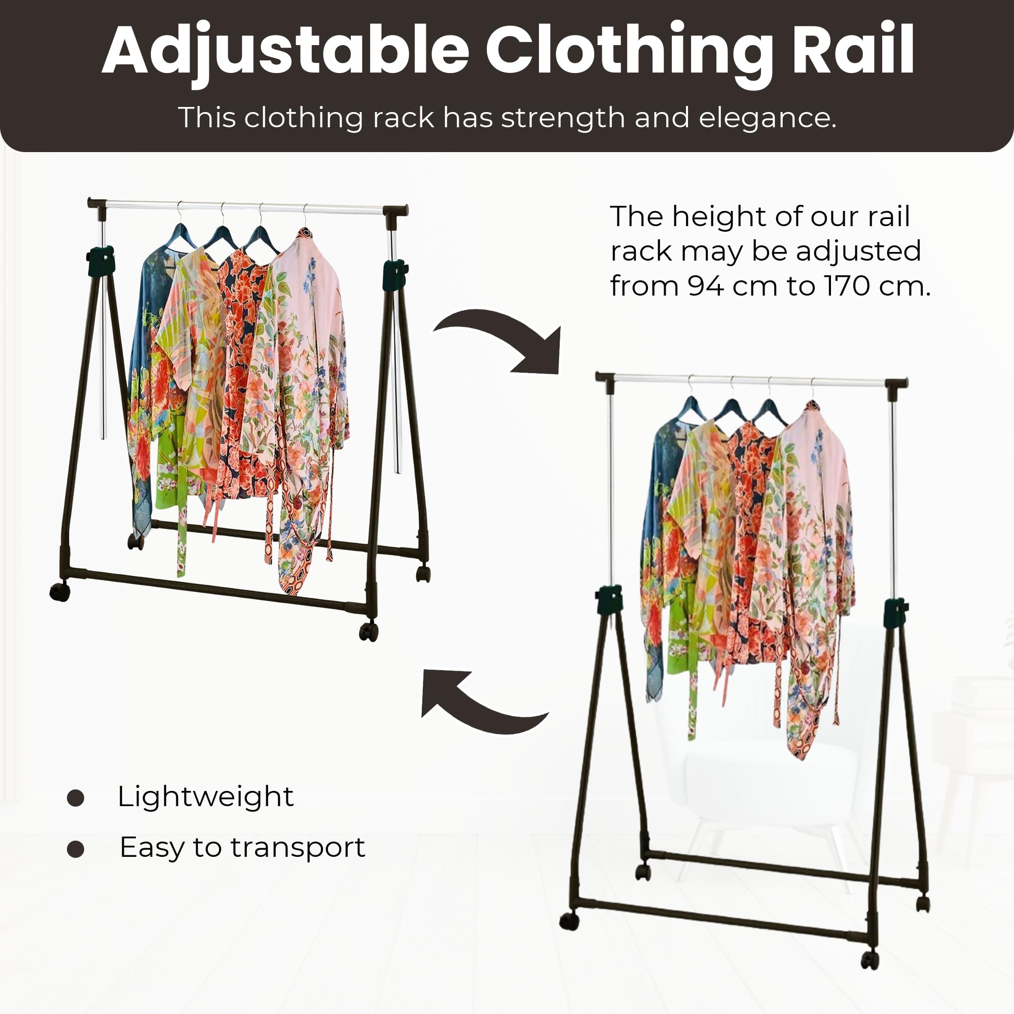 Taylor & Brown Chrome Metal Rail Rack - Adjustable Height Portable Garment Rack on Castor Rolling Wheels - Superior Foldable Storage Display Stand - Clothing Hanging Clothes Rails Rack for Bedroom