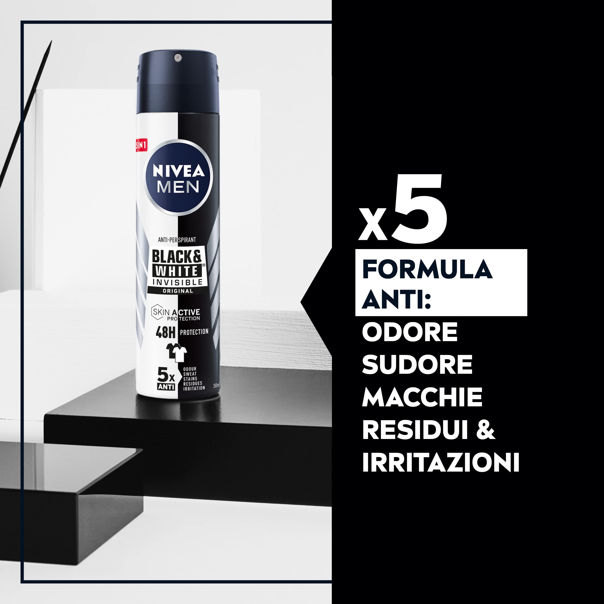 NIVEA Men Black & White Invisible Original Spray 6 x 150 ml, Men's Deodorant 72h, Deodorant Antiperspirant Spray Against Odours, Sweat, Residues, Irritations and Stains on Light and Dark Fabrics