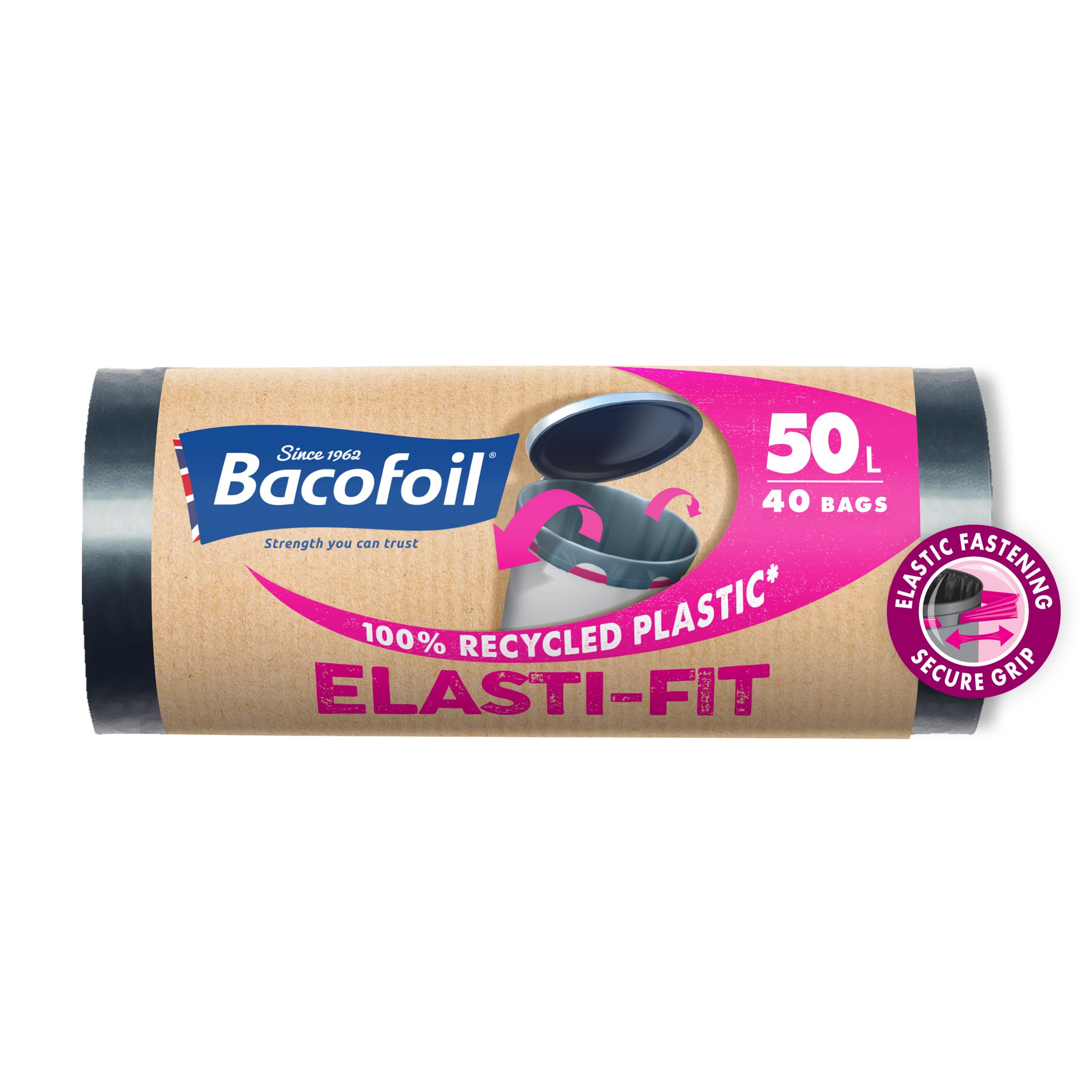 Bacofoil Elasti-Fit Bin Liners - 50L Recycled bin bags, 4 Rolls (40 Bags) - Leak-Proof, Elastic Fastening for Secure Fit - Made from 100% Recycled Plastic - Eco-Friendly Waste Disposal.