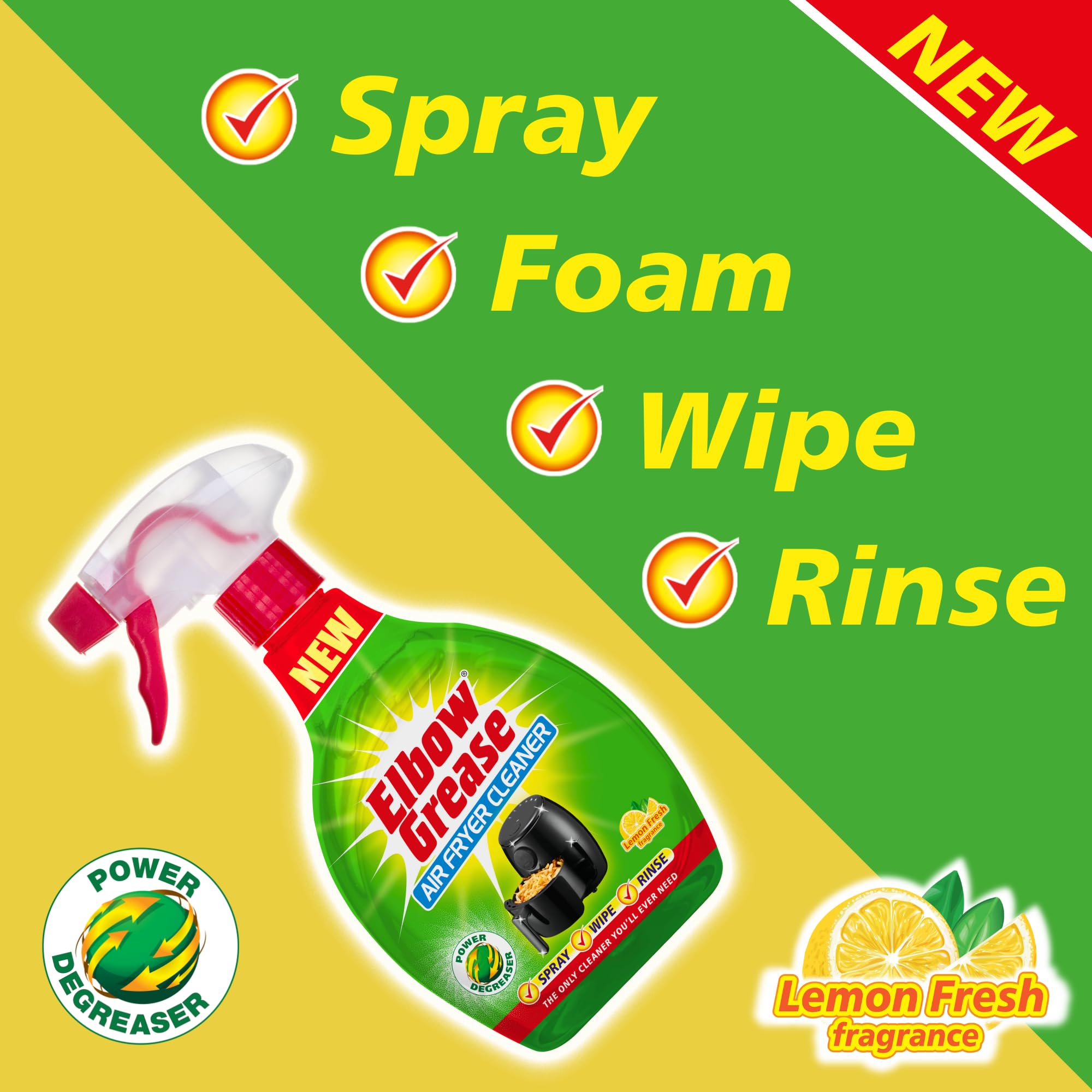 Elbow Grease Air Fryer Cleaner Spray | Spray, Foam, Wipe, Rinse - Cuts Through Dirt, Grease & Grime (Lemon Fresh, 500ml)