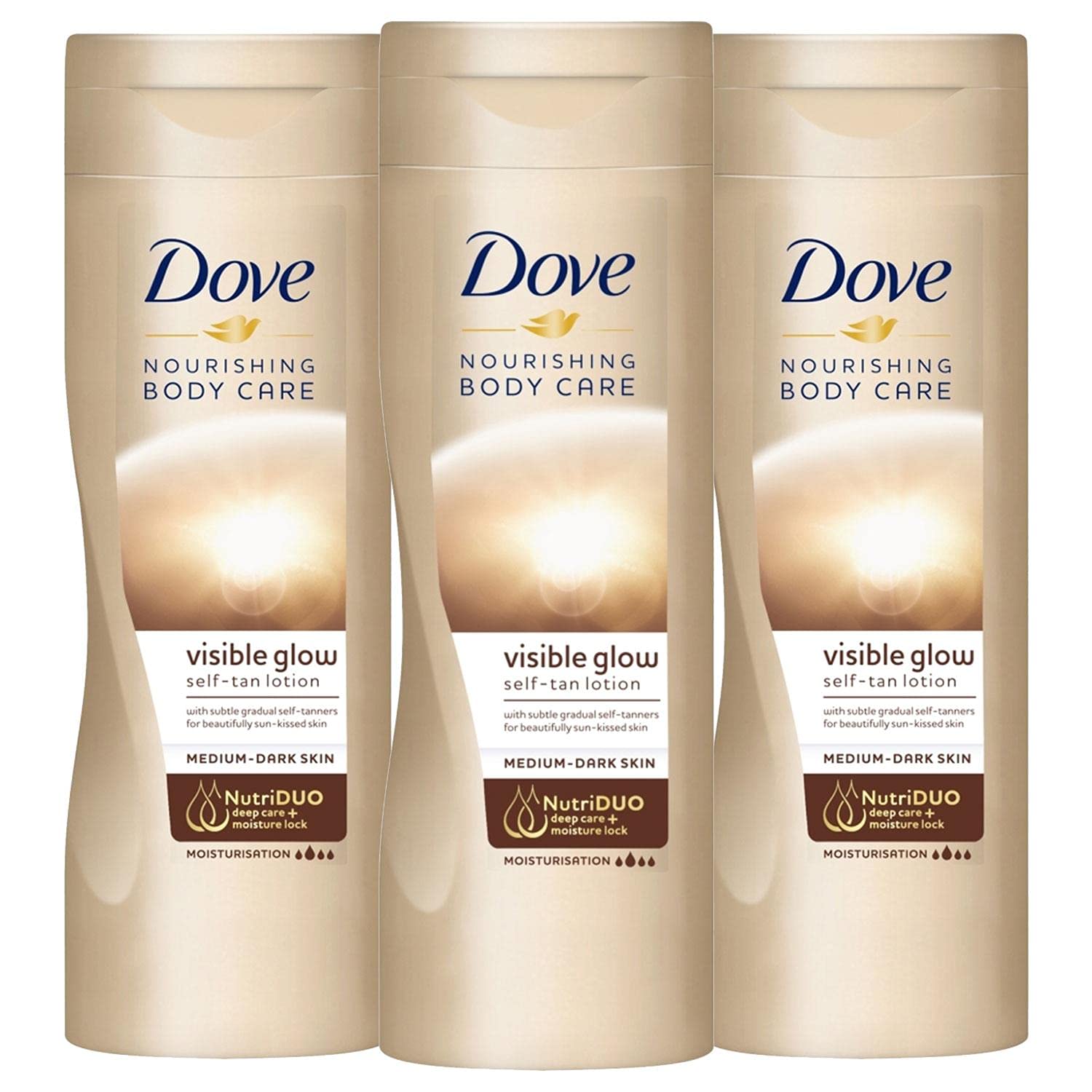 3 Pack Dove Visible Glow Self Tan Lotion Medium to Dark for Gradual Skin Tone, 400ml