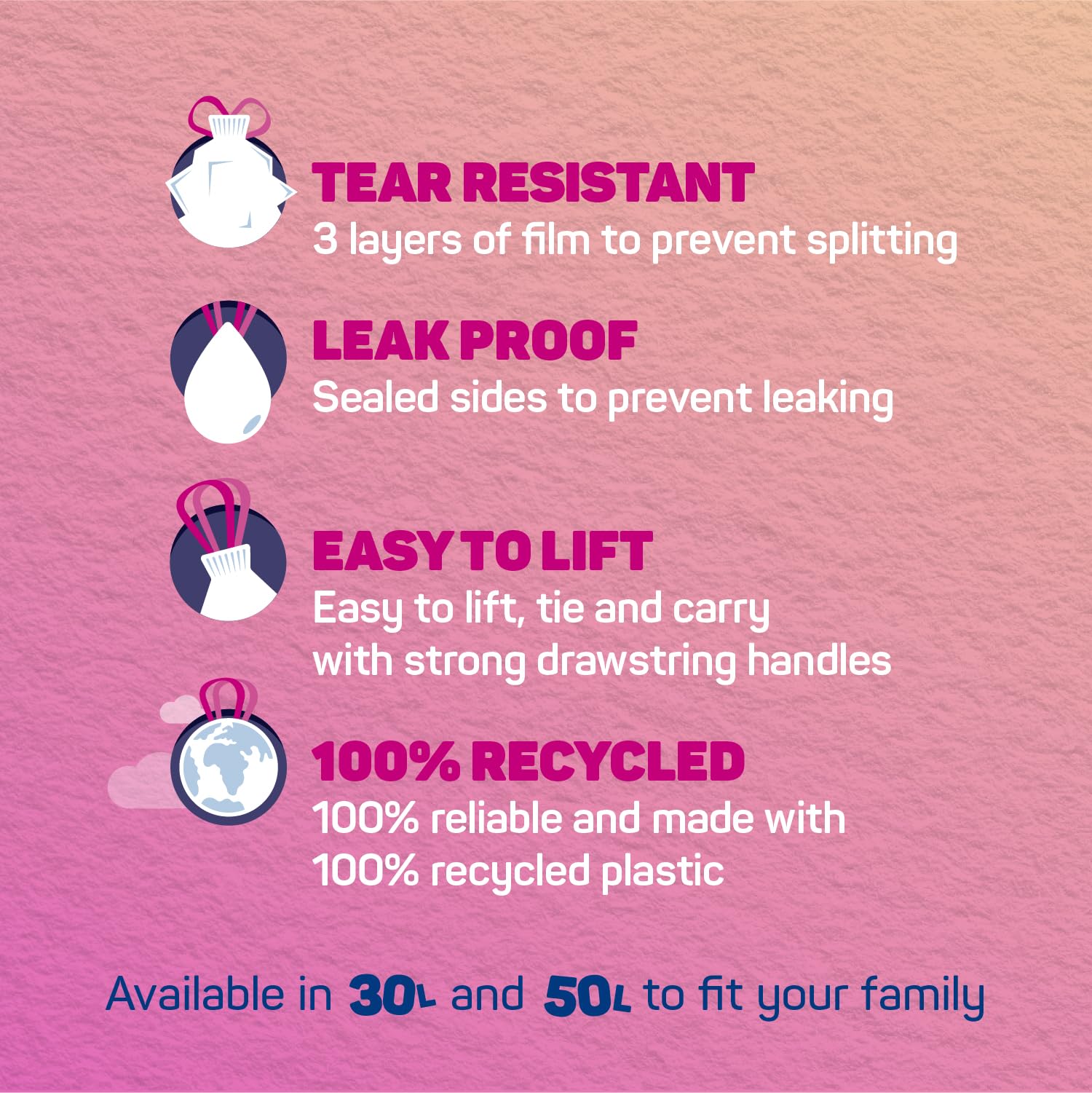 Bacofoil Elasti-Fit Bin Liners - 50L Recycled bin bags, 4 Rolls (40 Bags) - Leak-Proof, Elastic Fastening for Secure Fit - Made from 100% Recycled Plastic - Eco-Friendly Waste Disposal.