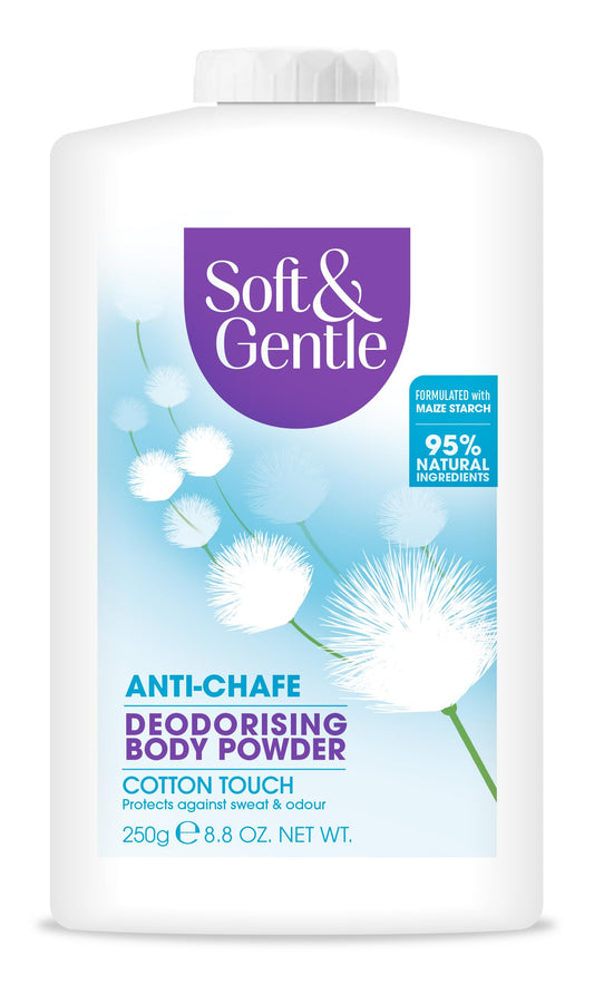 SOFT & GENTLE Fresh Cotton Talc Free Cotton Body Powder 250g, Deodorising Personal Hygiene Against Moisture, Friction and Odour, Prevent Smudging After Self-Tanning and Facial Makeup