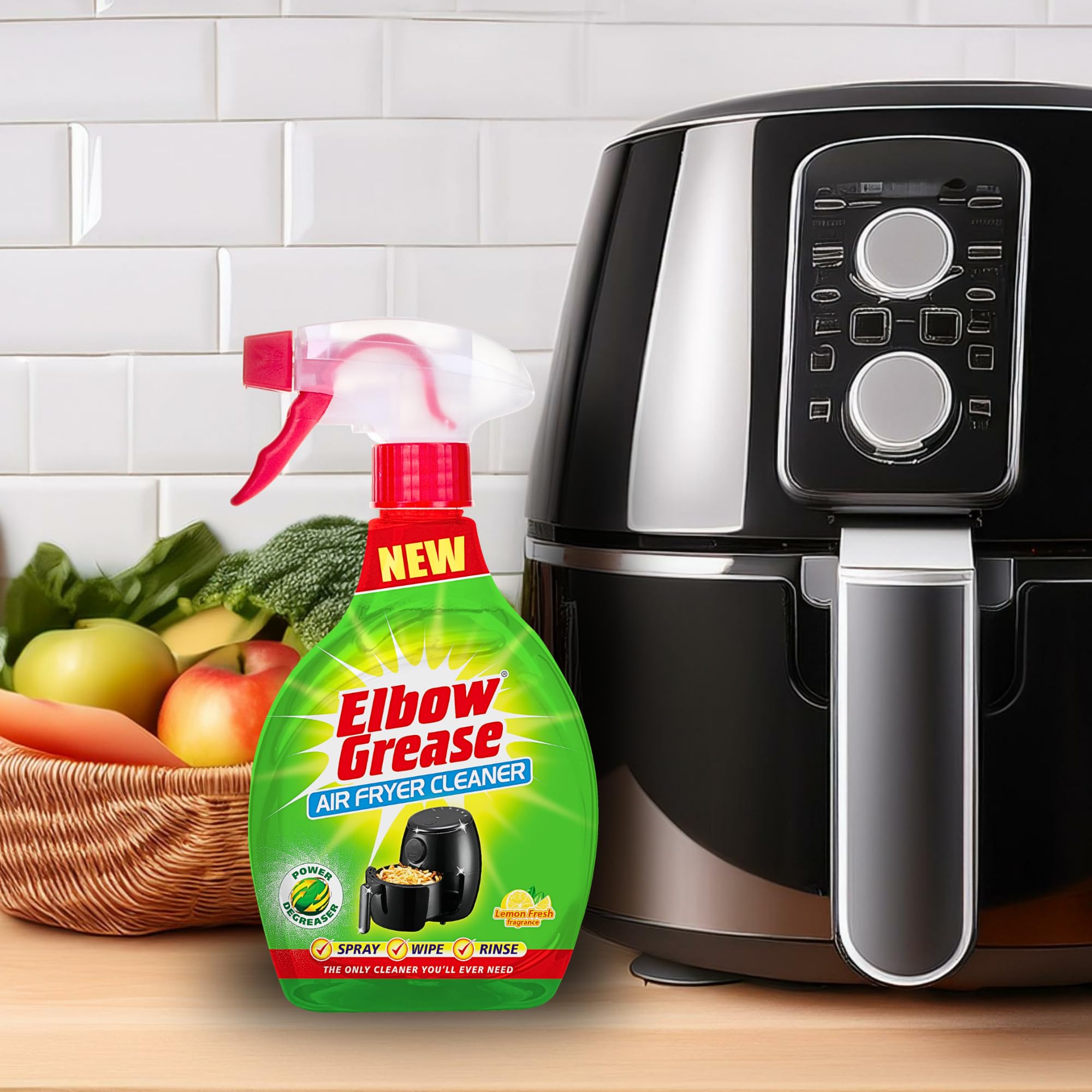 Elbow Grease Air Fryer Cleaner Spray | Spray, Foam, Wipe, Rinse - Cuts Through Dirt, Grease & Grime (Lemon Fresh, 500ml)