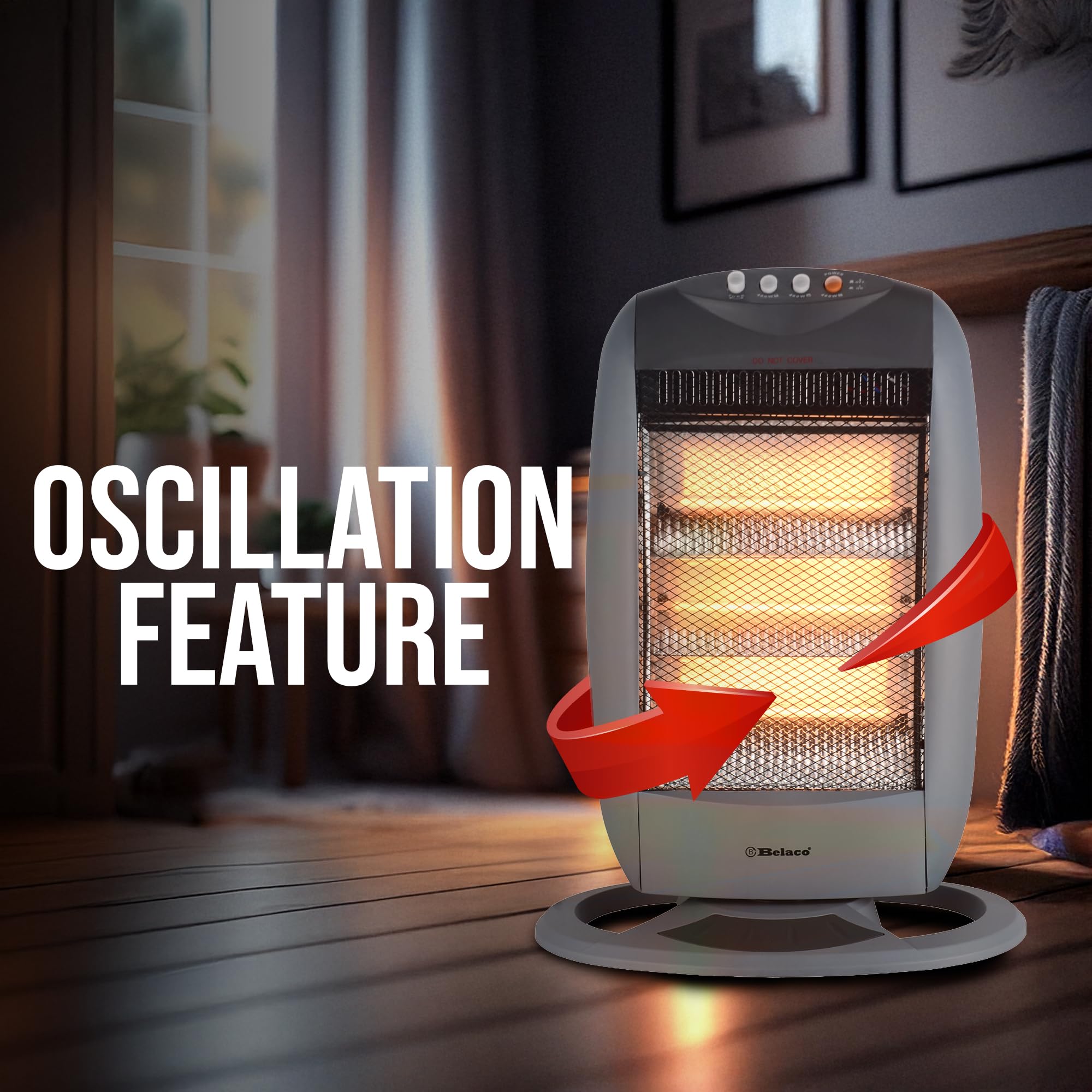 Electric Heater 3 Bar Halogen Heater with 3 Heat settings Heaters for Home, 1200W Portable Heater 90 Degree Oscillation Room Heater Compact Carry Handle Heaters Safety Tip Over Switch Gray