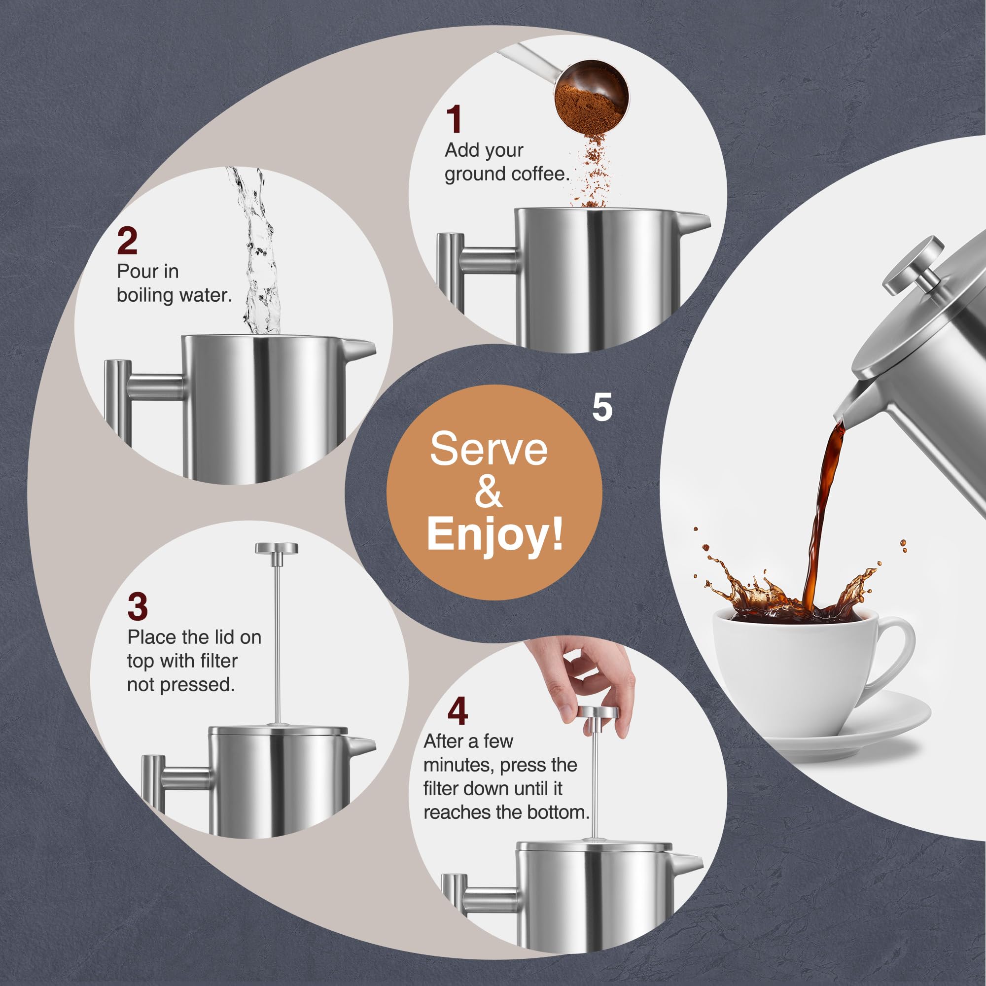 VonShef 6 Cup Cafetiere, Stainless Steel 800ml Double Walled French Press with Measuring Spoon/Bag Seal, Dishwasher Safe Filter Coffee Maker with Plunger