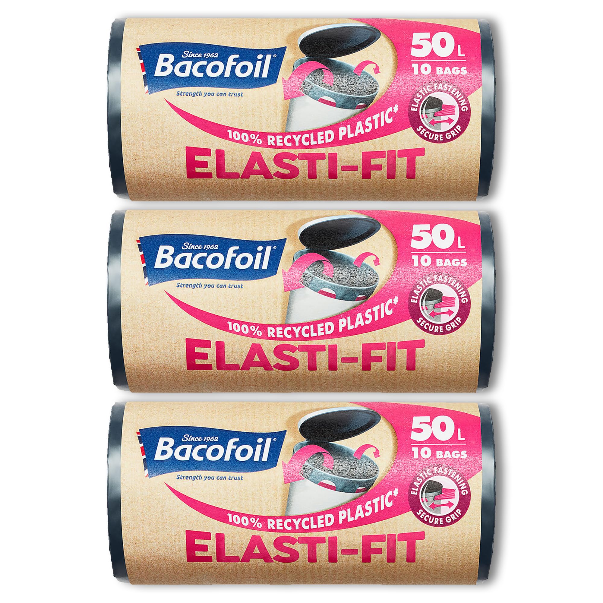 Bacofoil Elasti-Fit Bin Liners - 50L Recycled bin bags, 3 Rolls (30 Bags) - Leak-Proof, Elastic Fastening for Secure Fit - Made from 100% Recycled Plastic - Eco-Friendly Waste Disposal.